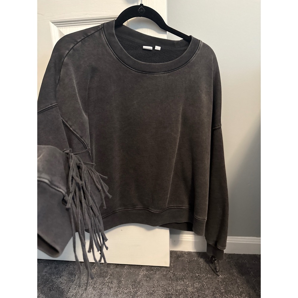 Gap Women Black Acid Wash Fringe Sweatshirt Size M Western Boho Pullover